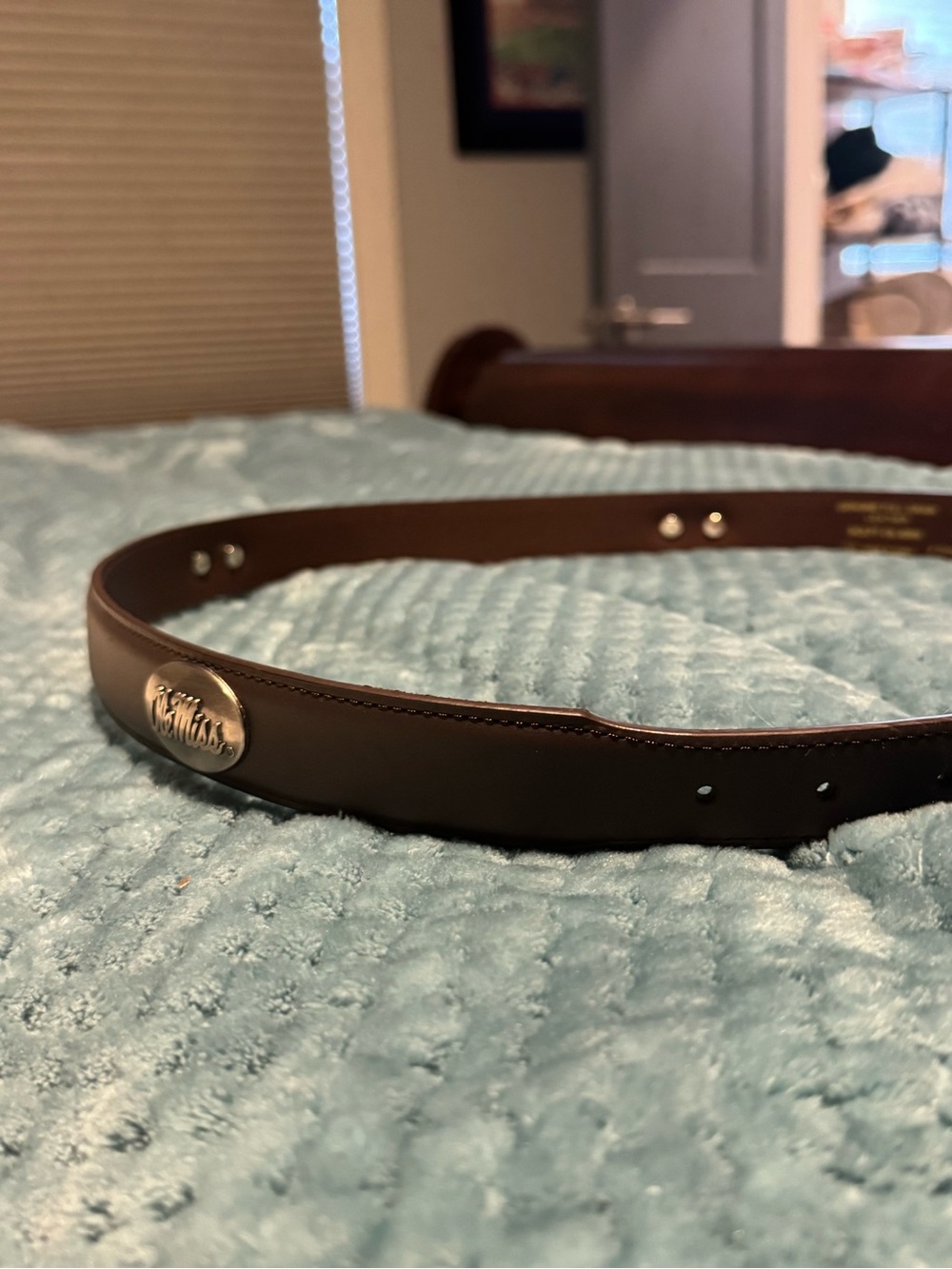Leather Men’s Belt with Silver Ole Miss Plate - Brown